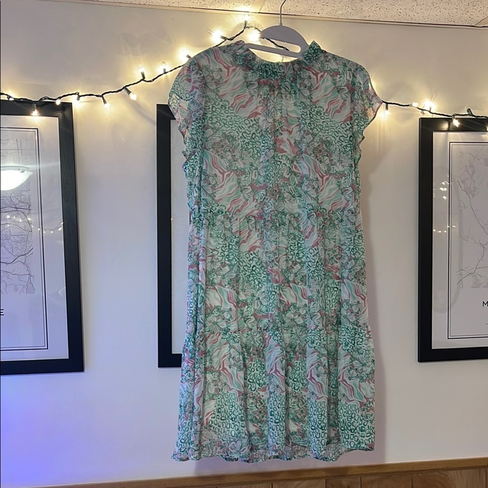 Green and Pink Mini Sundress with Flutter Sleeves for Cocktail